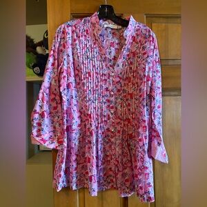 Pink Floral Pintuck V-Neck Tunic Top